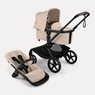 Bugaboo Kangaroo 2-in-1 stroller with one bassinet, Dark Cherry fabrics, and Dark Cherry sun canopy. A detached seat in Dark Cherry sits next to the stroller.