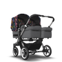 Bugaboo Donkey 5 Twin bassinet and seat stroller graphite base, grey mélange fabrics, art of discovery dark blue sun canopy - Thumbnail Slide 1 of 15