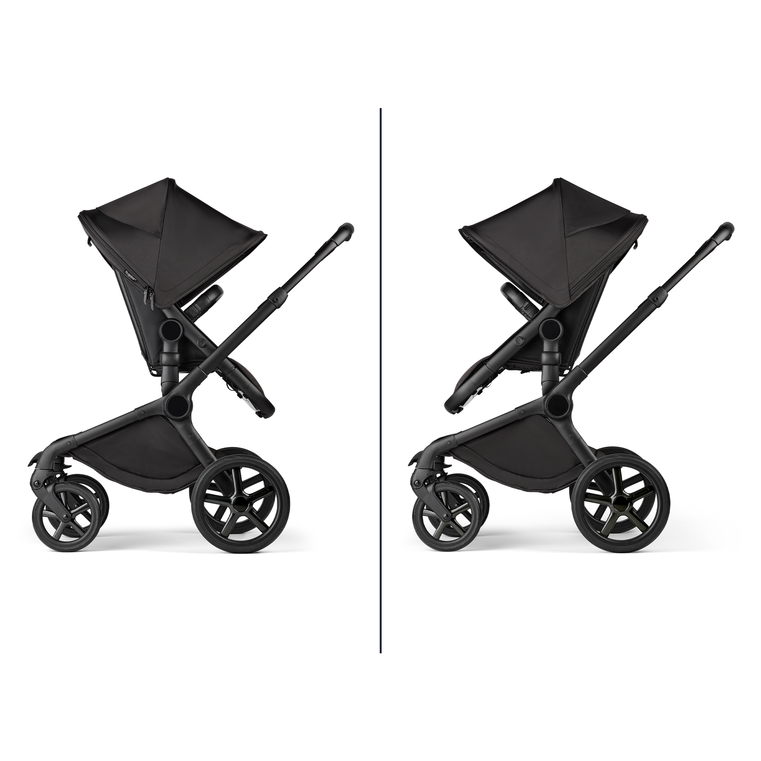 Two images showing the Bugaboo Fox 5 Noir Limited Edition stroller's reversible seat: facing parent and facing the world. - Thumbnail Slide 8 of 15