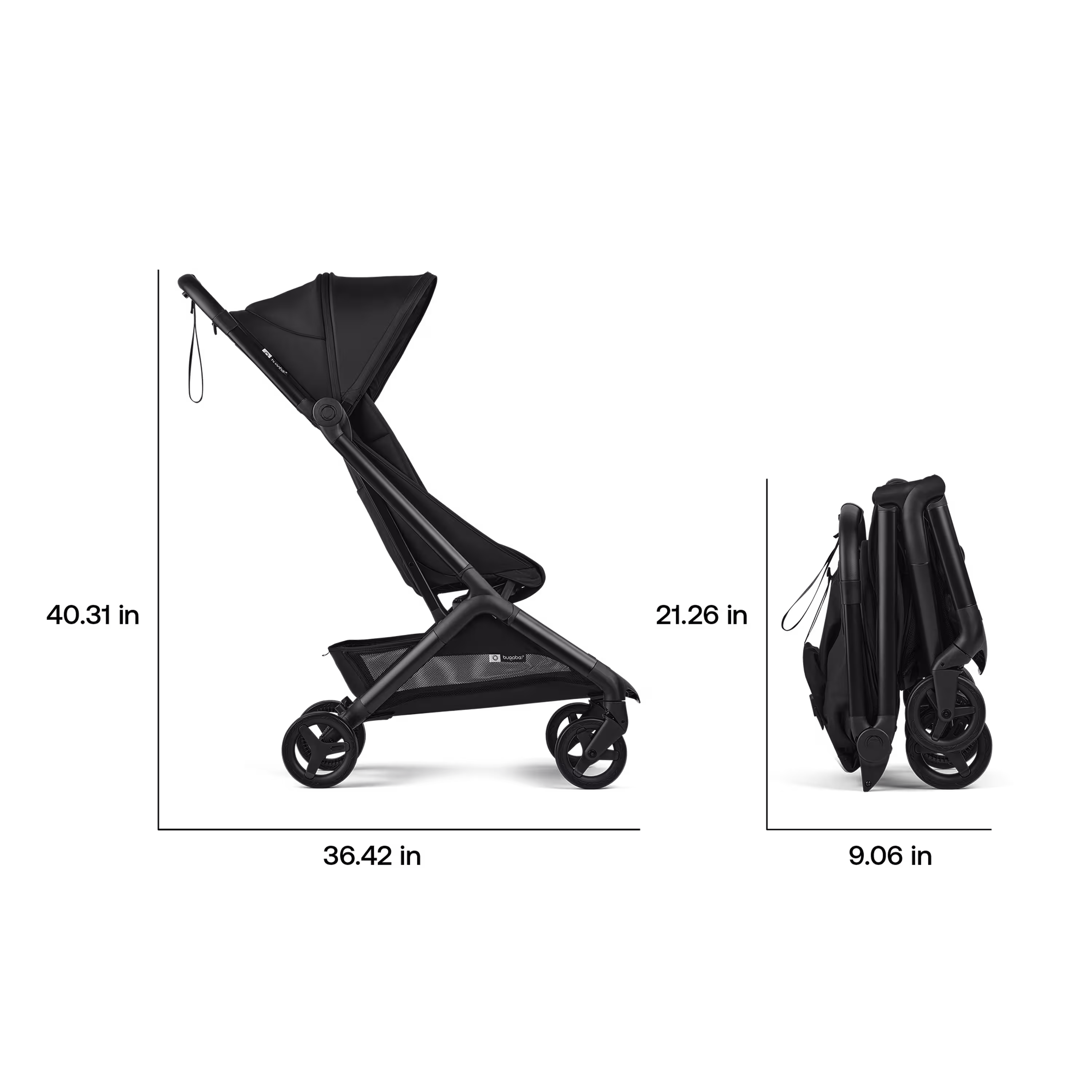 The Bugaboo Butterfly 2 travel stroller in two stages: One expanded and in-use, another fully folded into an ultra-compact package. - Main Modal Image Slide 8 of 9