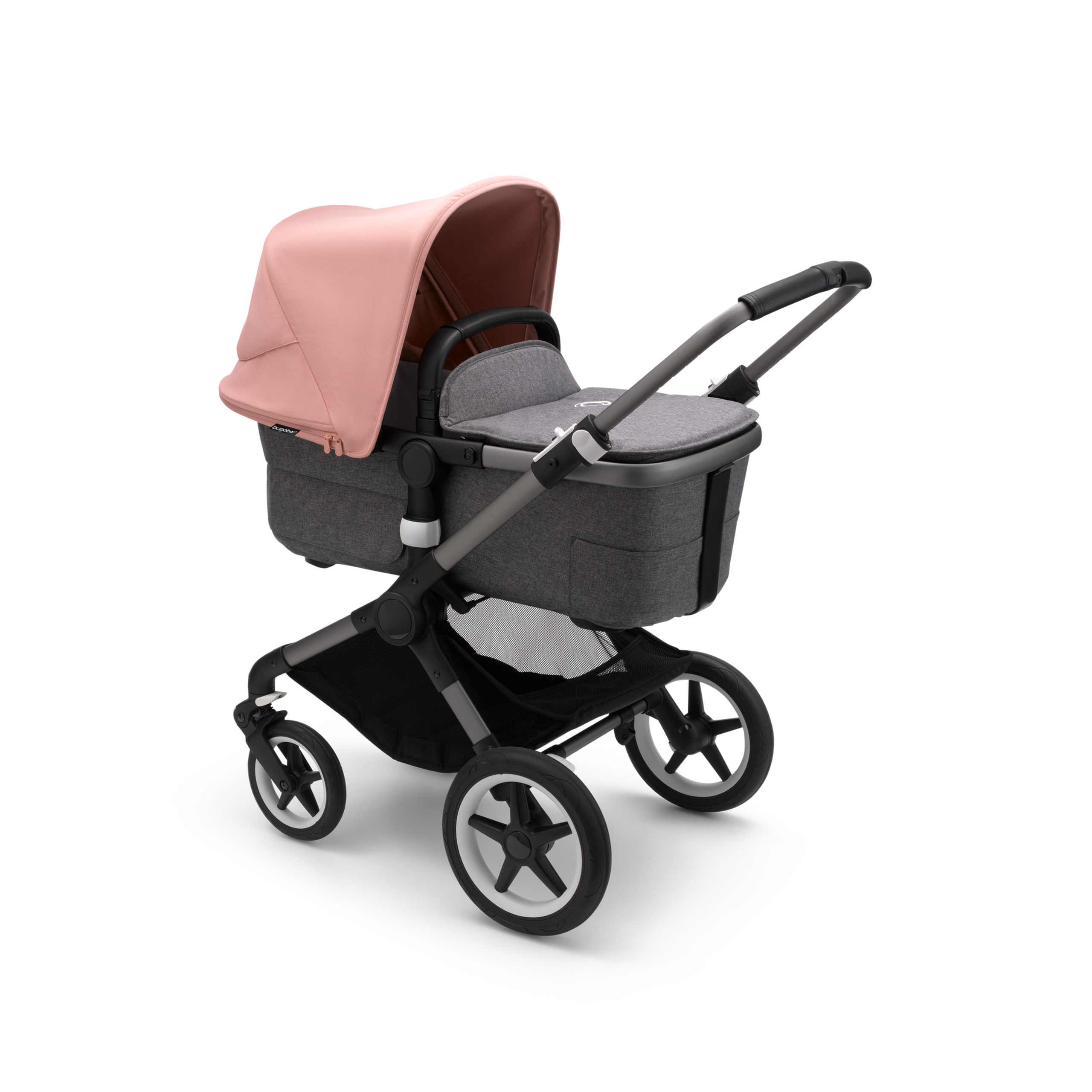 Bugaboo Fox 3 bassinet and seat stroller graphite base, grey melange fabrics, morning pink sun canopy - Thumbnail Slide 2 of 7