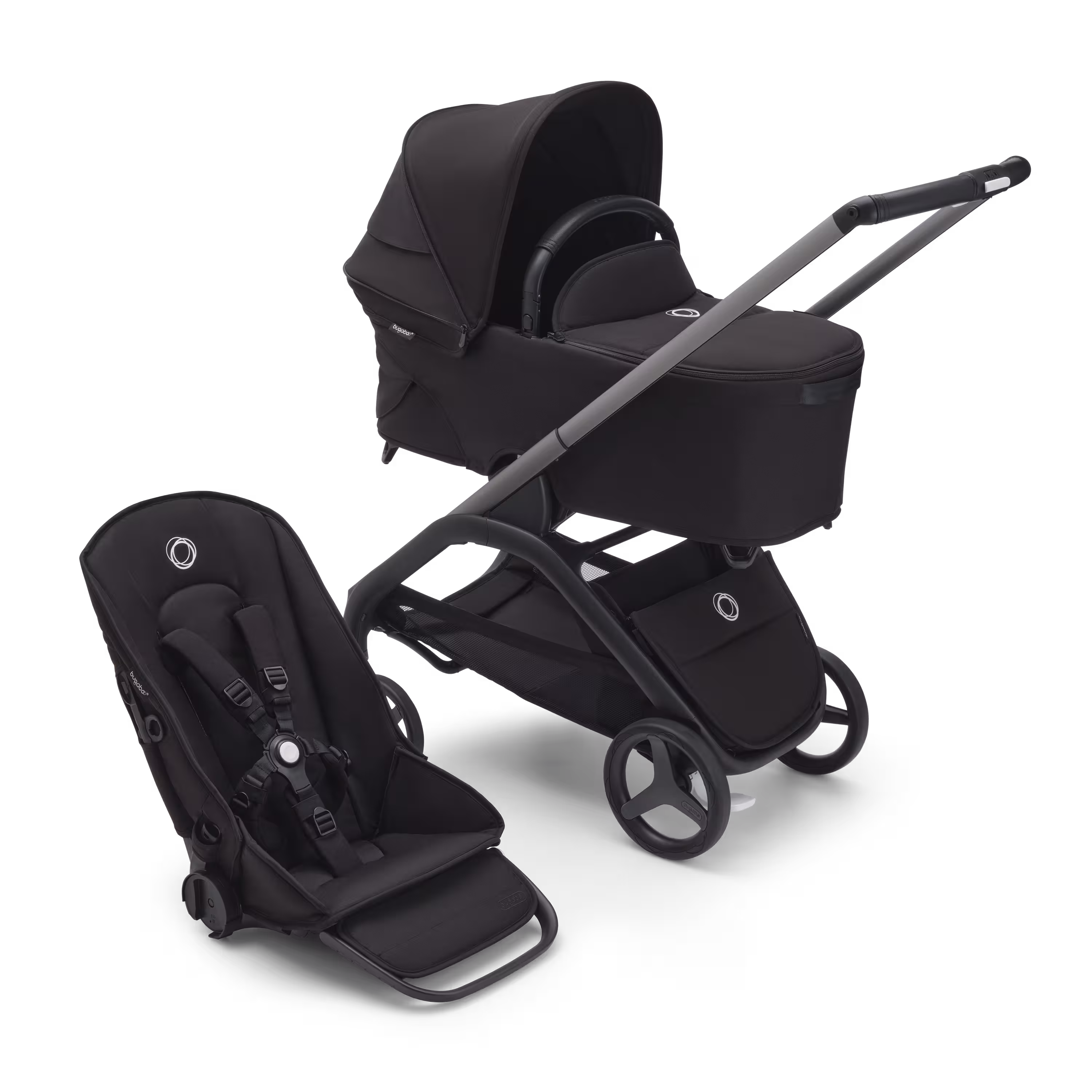 Bugaboo Dragonfly bassinet and seat stroller with graphite chassis, midnight black fabrics and midnight black sun canopy. - Main Modal Image Slide 1 of 16