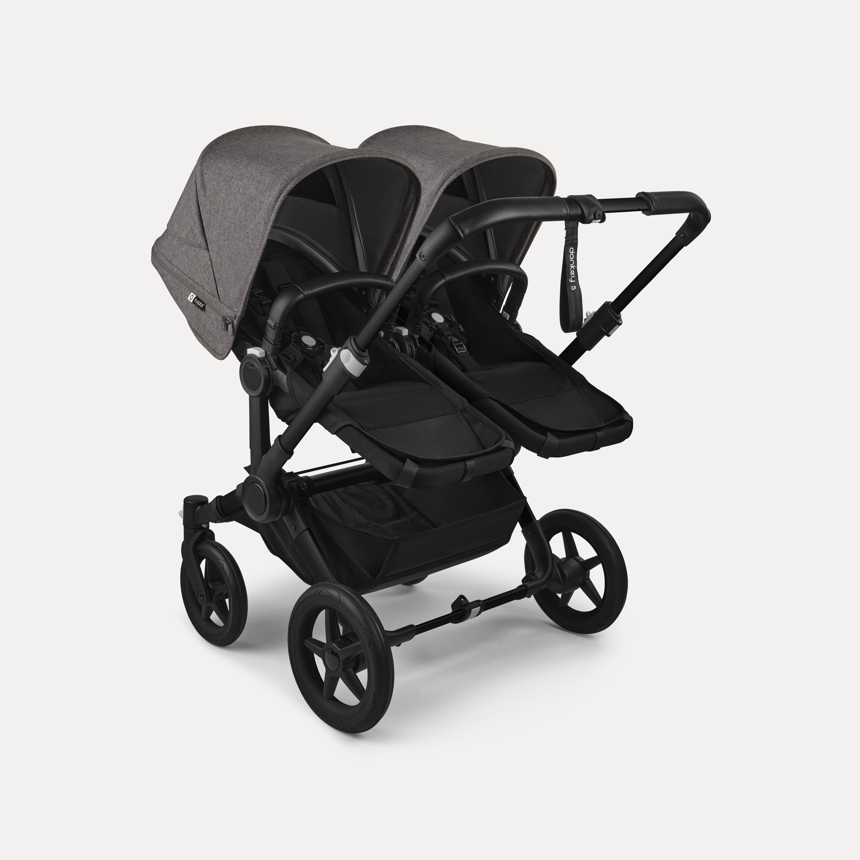 Bugaboo Donkey 5 twin stroller black base, midnight black fabrics, grey mélange sun canopy - Main Modal Image Slide 3 of 12