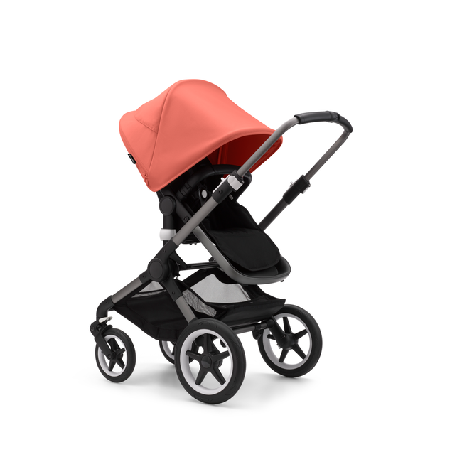 Bugaboo Fox 3 seat stroller with graphite frame, black fabrics, and red sun canopy.