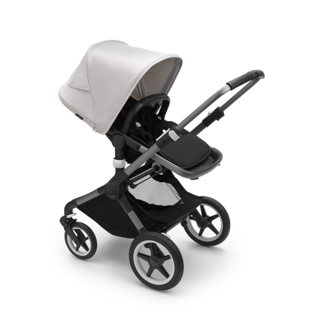 Bugaboo Fox 3 seat stroller with graphite frame, black fabrics, and white sun canopy.