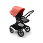 Bugaboo Fox 3 seat stroller with black frame, grey melange fabrics, and red sun canopy.