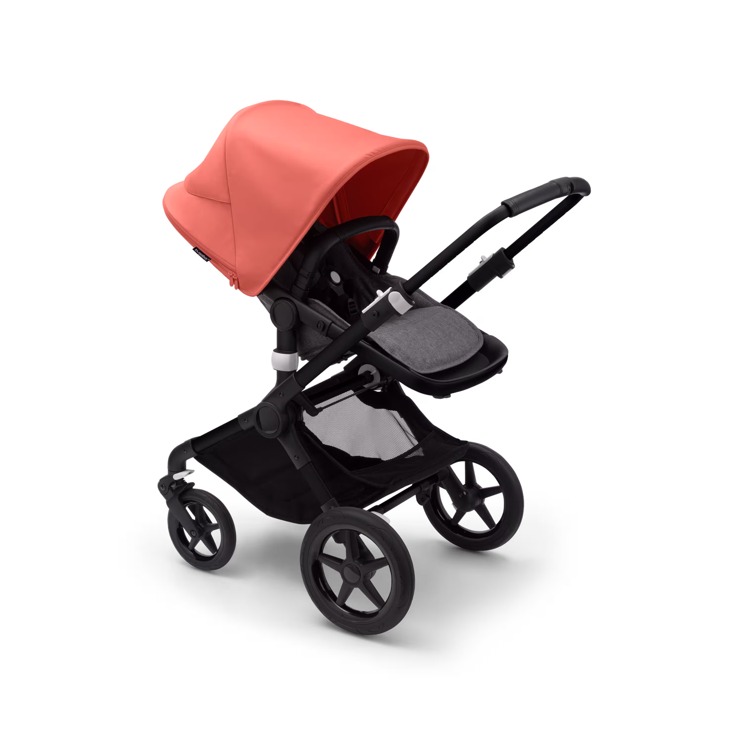 Bugaboo Fox 3 seat stroller with black frame, grey melange fabrics, and red sun canopy. - Main Modal Image Slide 7 of 7