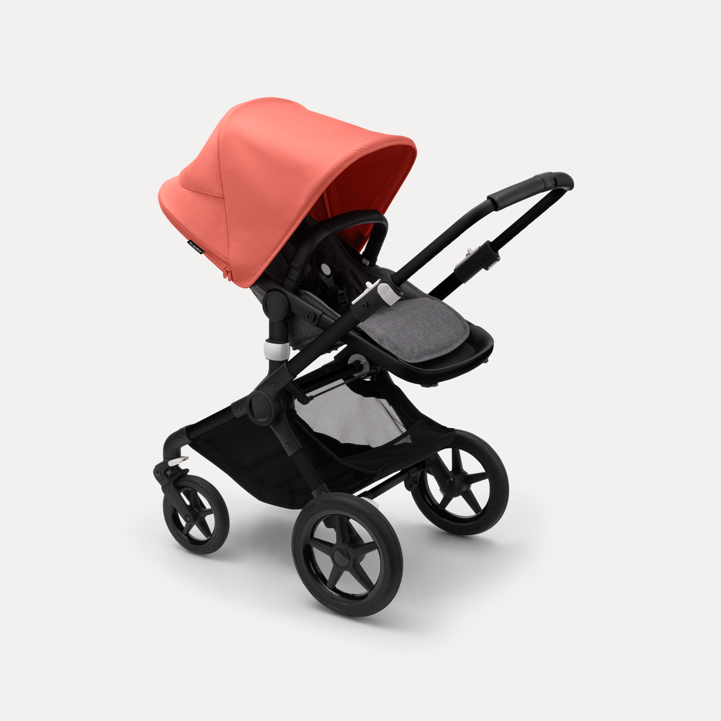 Bugaboo Fox 3 seat stroller with black frame, grey melange fabrics, and red sun canopy. - Main Modal Image Slide 7 of 7