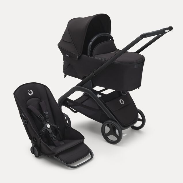 Bugaboo Dragonfly carrycot and seat pushchair with black chassis, midnight black fabrics and midnight black sun canopy. - Main Image Slide 1 of 16