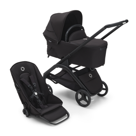 Bugaboo Dragonfly carrycot and seat pushchair with black chassis, midnight black fabrics and midnight black sun canopy.