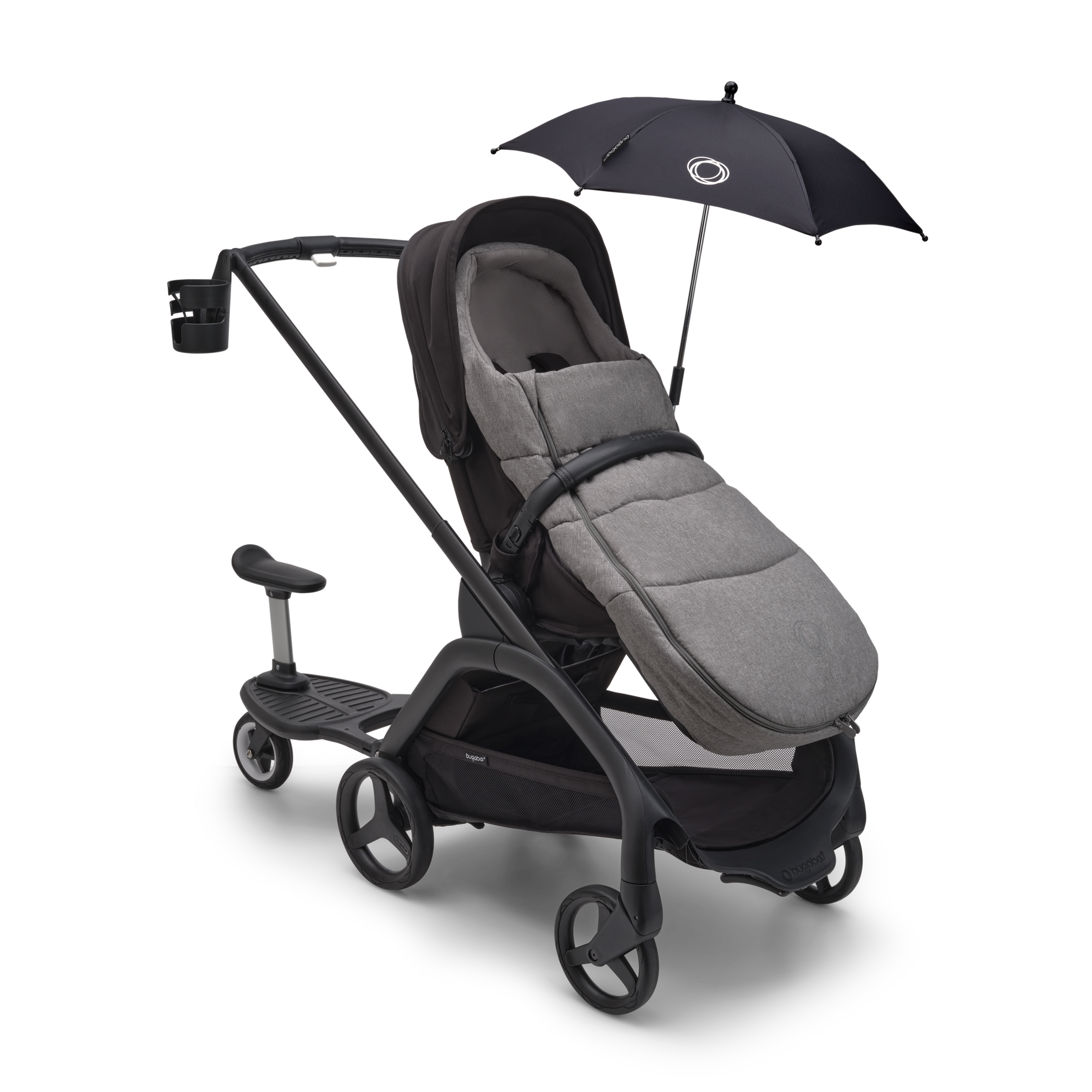 Bugaboo Dragonfly stroller with various accessories: sun canopy, footmuff, cup holder and comfort wheeled board. - Thumbnail Slide 15 of 15