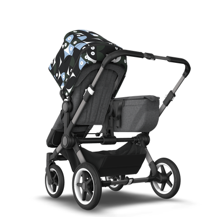 Bugaboo Donkey 5 Mono bassinet and seat stroller graphite base, grey mélange fabrics, animal explorer green/ light blue sun canopy