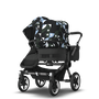 Bugaboo Donkey 5 Duo bassinet and seat stroller graphite base, midnight black fabrics, animal explorer green/ light blue sun canopy