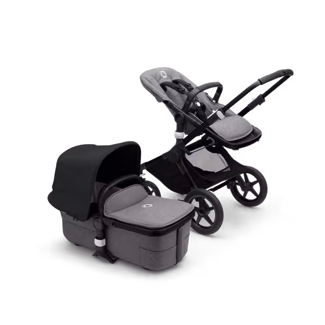 Bugaboo Fox 3 bassinet and seat stroller with black frame, grey fabrics, and black sun canopy. - Main Image Slide 5 of 7