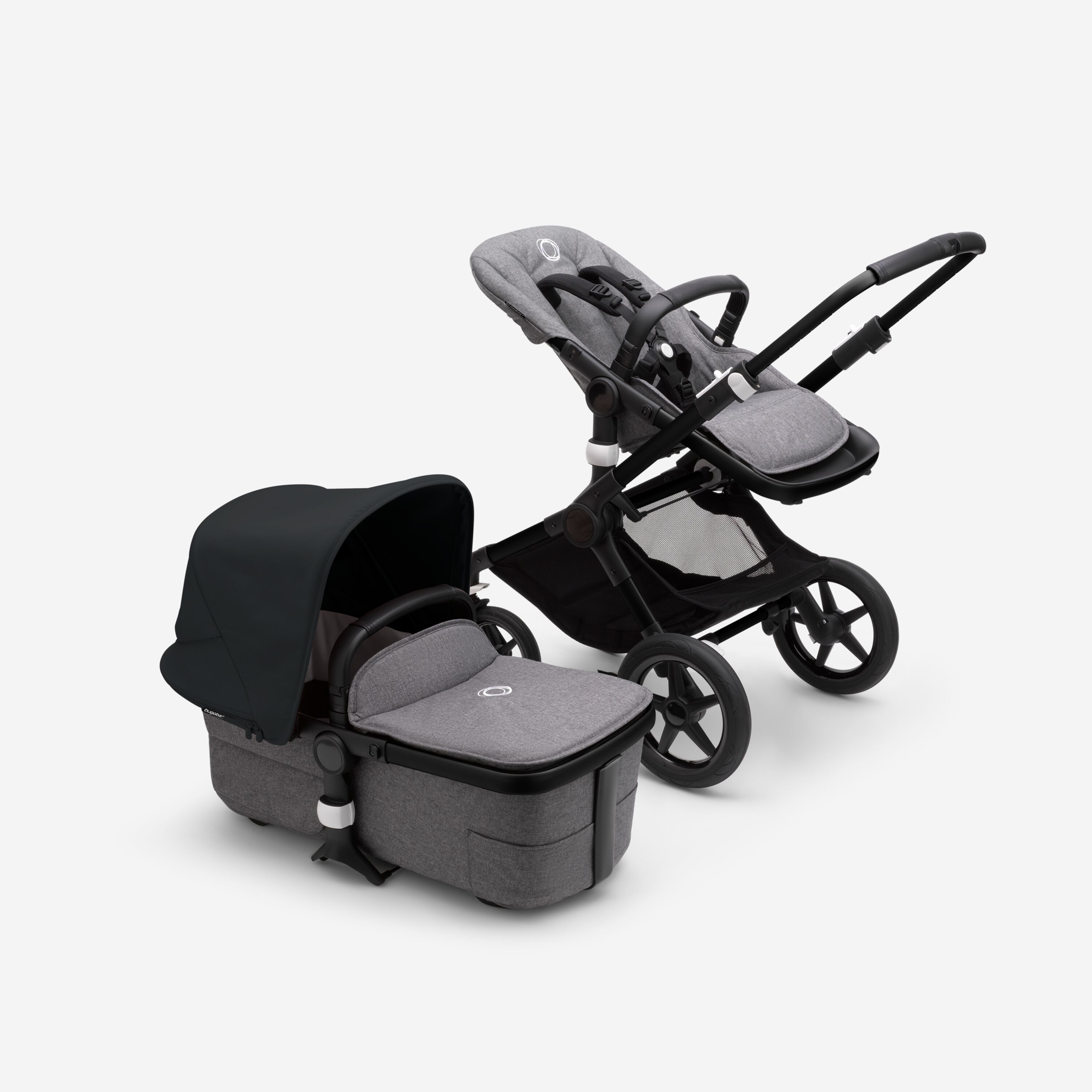 Bugaboo Fox 3 bassinet and seat stroller with black frame, grey fabrics, and black sun canopy. - Main Modal Image Slide 5 of 7