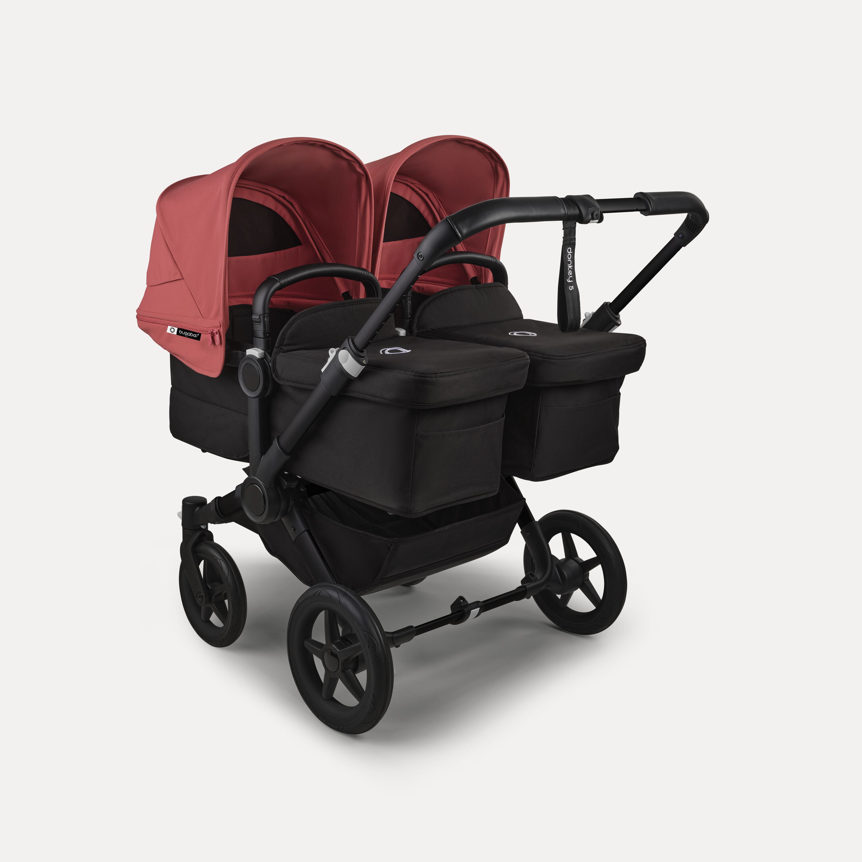 Bugaboo Donkey 5 twin stroller black base, midnight black fabrics, sunrise red sun canopy - Main Modal Image Slide 1 of 12