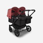 Bugaboo Donkey 5 twin stroller black base, midnight black fabrics, sunrise red sun canopy