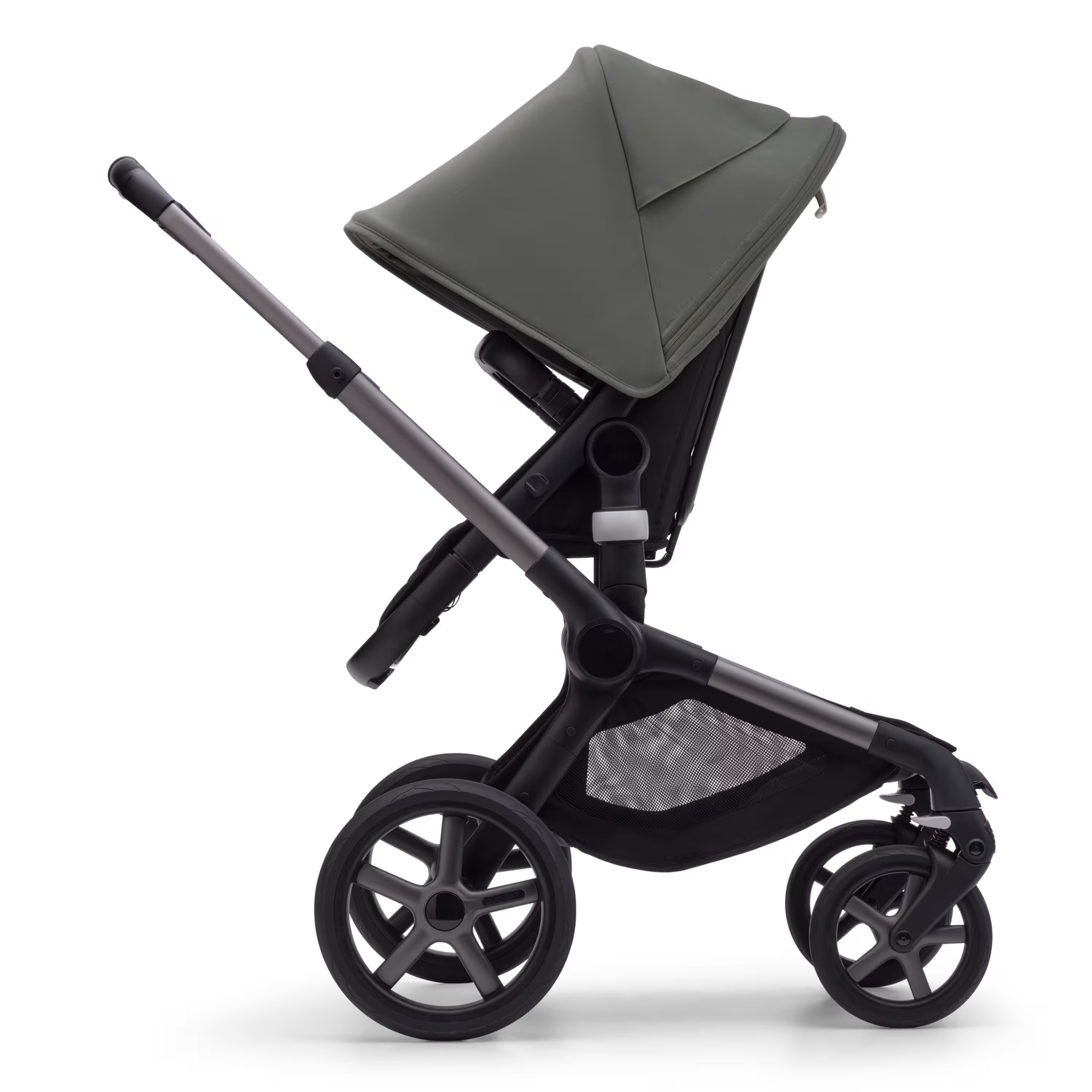 Refurbished Bugaboo Fox 5 bassinet and seat stroller graphite base, midnight black fabrics, forest green sun canopy - Main Modal Image Slide 3 of 10