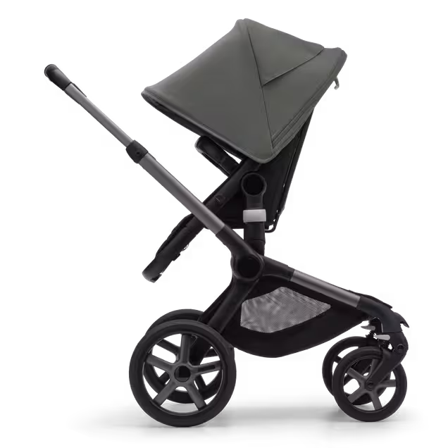 Refurbished Bugaboo Fox 5 bassinet and seat stroller graphite base, midnight black fabrics, forest green sun canopy - Main Image Slide 3 of 10