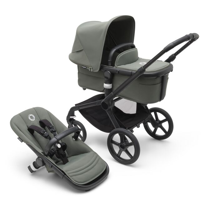 Bugaboo Fox 5 carrycot and seat pushchair with black chassis, forest green fabrics and forest green sun canopy. - Main Image Slide 1 of 16