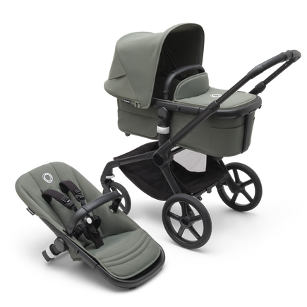 Bugaboo Fox 5 carrycot and seat pushchair with black chassis, forest green fabrics and forest green sun canopy.