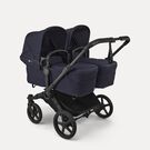 Bugaboo Donkey 6 twin stroller black base, deep indigo fabrics, deep indigo sun canopy
