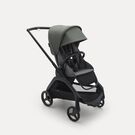Bugaboo Dragonfly seat stroller with black chassis, grey melange fabrics and forest green sun canopy.