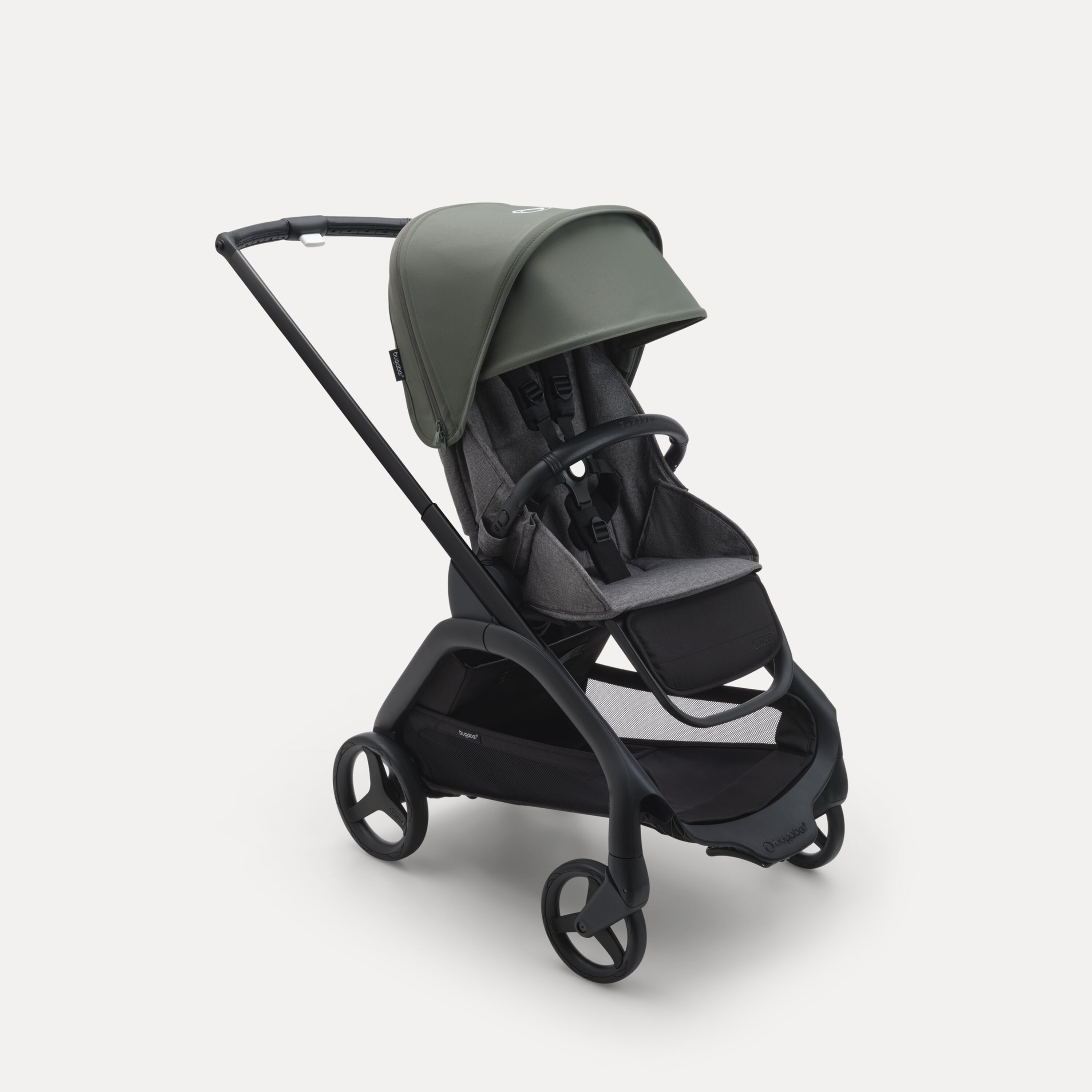 Bugaboo Dragonfly seat stroller with black chassis, grey melange fabrics and forest green sun canopy. - Main Modal Image Slide 1 of 16