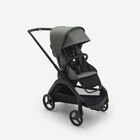 Bugaboo Dragonfly seat stroller with black chassis, grey melange fabrics and forest green sun canopy.