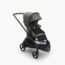 Bugaboo Dragonfly seat stroller with black chassis, grey melange fabrics and forest green sun canopy.