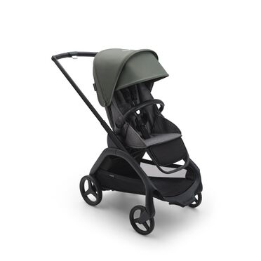 Bugaboo Dragonfly seat stroller with black chassis, grey melange fabrics and forest green sun canopy.