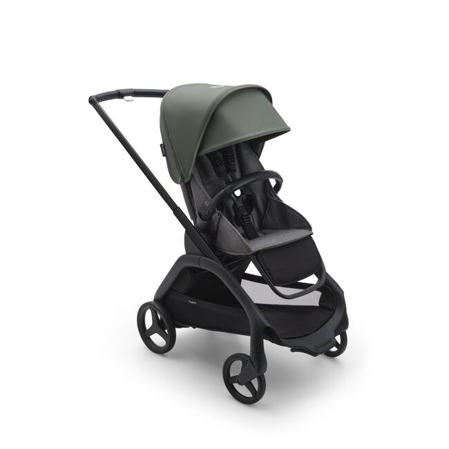 Bugaboo Dragonfly seat stroller with black chassis, grey melange fabrics and forest green sun canopy. - Main Image Slide 1 of 18