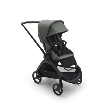 Bugaboo Dragonfly seat stroller with black chassis, grey melange fabrics and forest green sun canopy.
