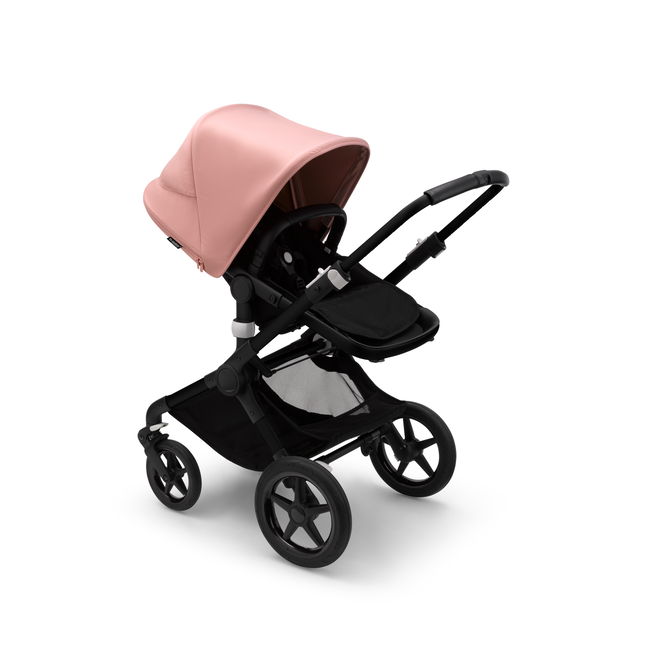 Bugaboo Fox 3 seat stroller with black frame, black fabrics, and pink sun canopy.