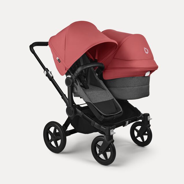 Bugaboo Donkey 5 Duo double stroller black base, grey mélange fabrics, sunrise red sun canopy - Main Image Slide 1 of 11