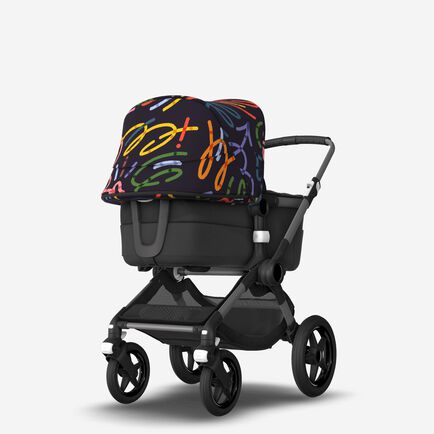 Bugaboo Fox 3 bassinet and seat stroller black base, midnight black fabrics, art of discovery dark blue sun canopy
