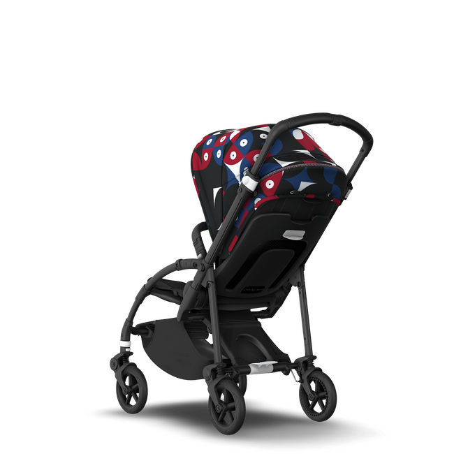 Bugaboo Bee 6 seat stroller black base, black fabrics, animal explorer red/blue sun canopy