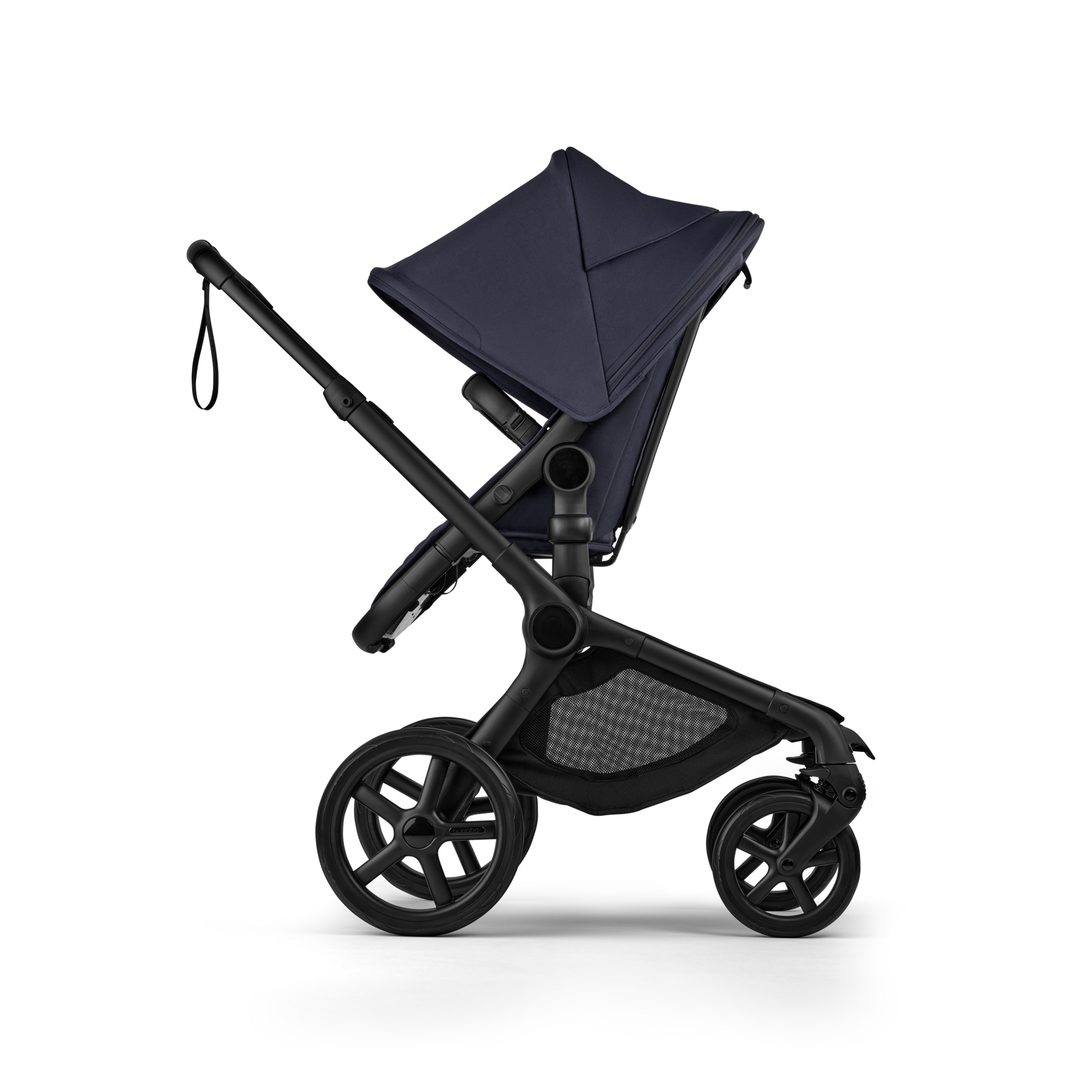 Bugaboo Fox 5 Renew seat stroller, with black chassis, Deep Indigo fabrics, and Deep Indigo sun canopy. - Thumbnail Slide 3 of 12