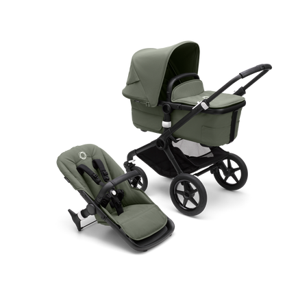 Bugaboo Fox 3 carrycot and seat pushchair with black frame, forest green fabrics, and forest green sun canopy.