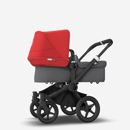Bugaboo Donkey 3 Mono seat and bassinet stroller red sun canopy, grey melange fabrics, black base