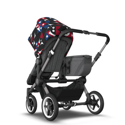 Bugaboo Donkey 5 Mono bassinet and seat stroller graphite base, grey mélange fabrics, animal explorer red/ blue sun canopy - view 2