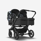 Bugaboo Donkey 5 twin stroller black base, midnight black fabrics, animal explorer green/light blue sun canopy