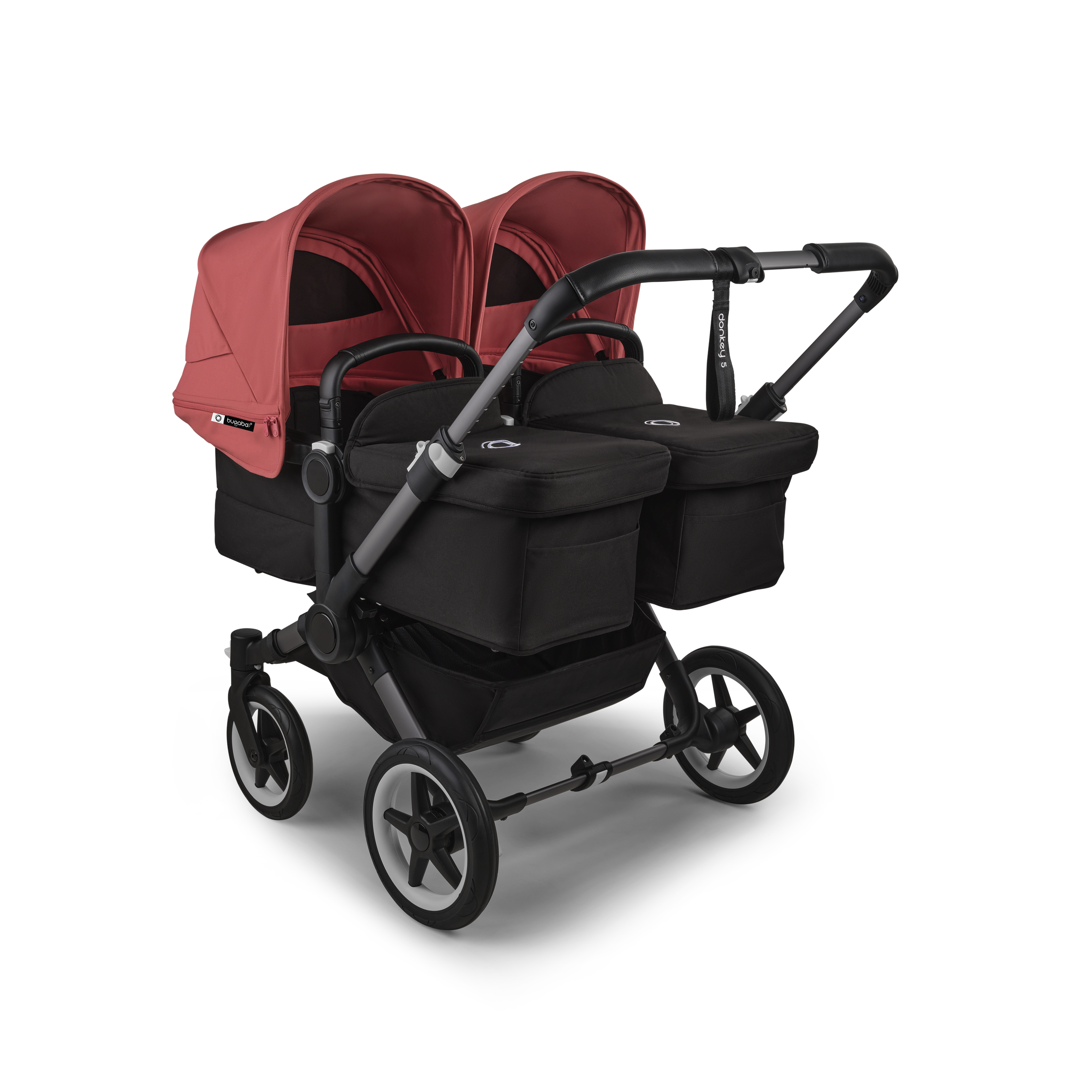 Bugaboo Donkey 5 twin stroller graphite base, midnight black fabrics, sunrise red sun canopy - Thumbnail Slide 1 of 12
