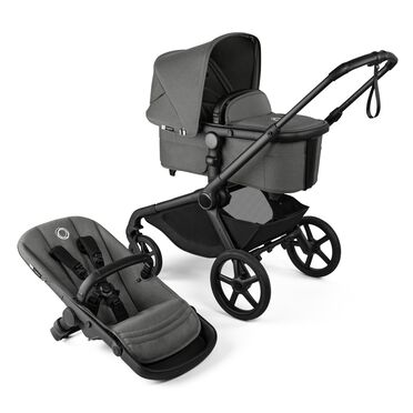 Bugaboo Kangaroo 2-in-1 pram black base, moon grey fabrics, moon grey sun canopy