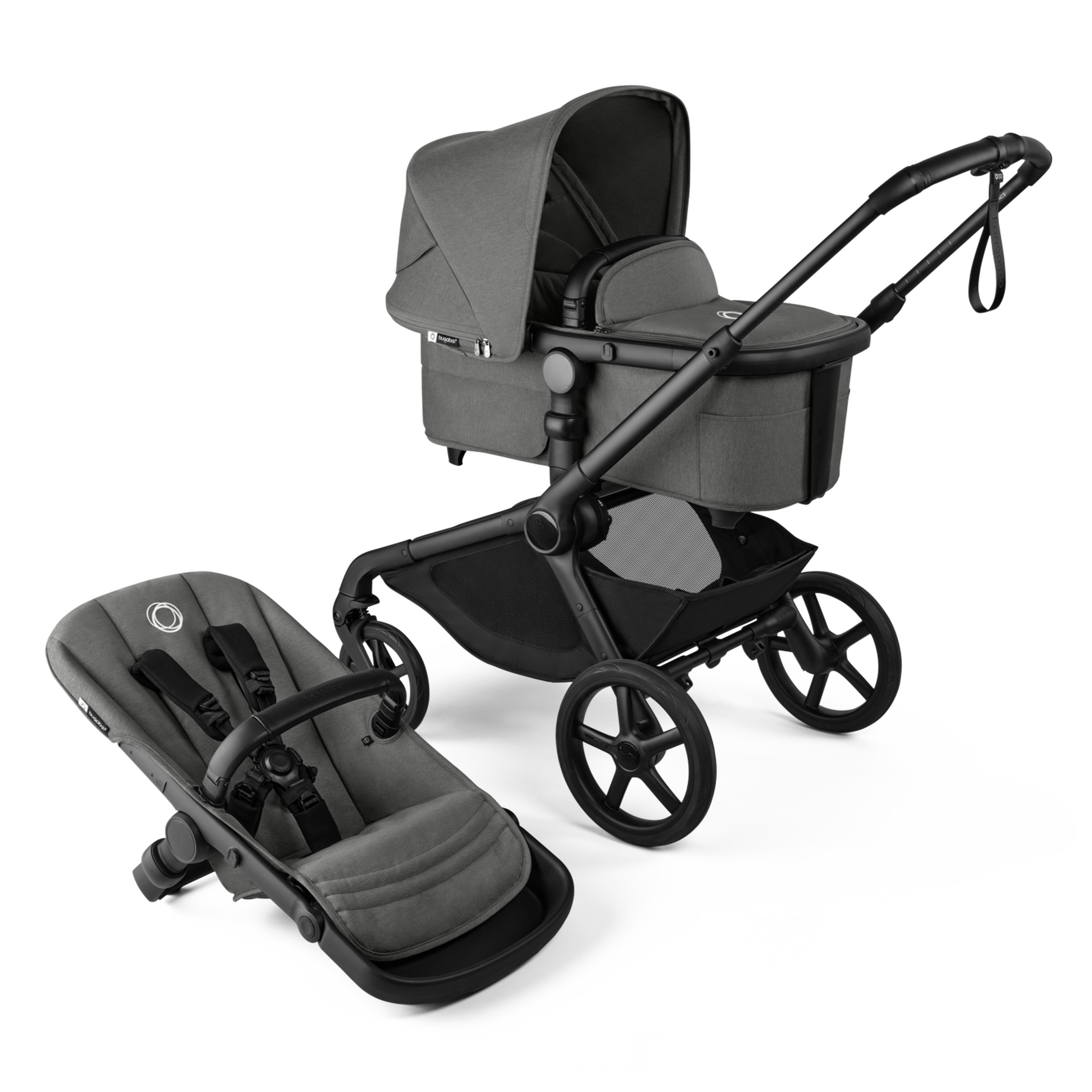 Bugaboo Kangaroo 2-in-1 pram black base, moon grey fabrics, moon grey sun canopy - Thumbnail Slide 1 of 18