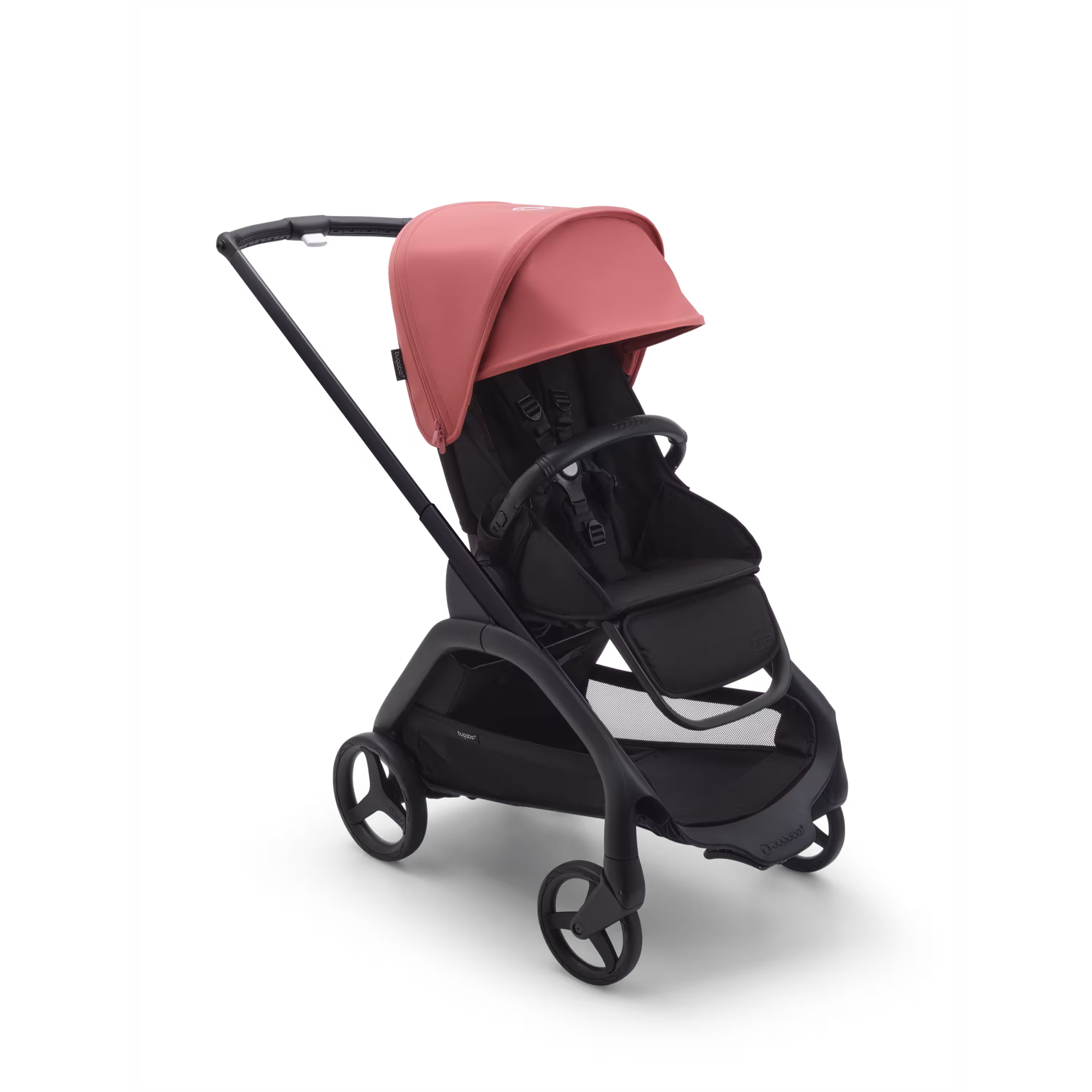 Bugaboo Dragonfly seat stroller with black chassis, midnight black fabrics and sunrise red sun canopy. - Main Modal Image Slide 1 of 16