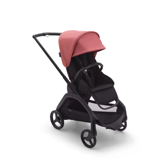 Bugaboo Dragonfly seat stroller with black chassis, midnight black fabrics and sunrise red sun canopy. - Main Image Slide 1 of 16