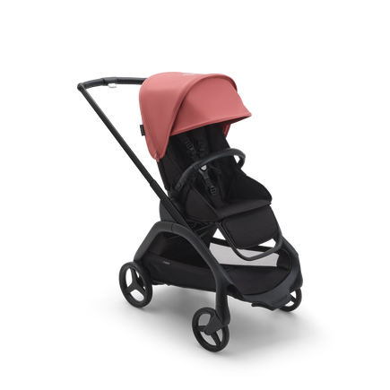 Bugaboo Dragonfly seat stroller with black chassis, midnight black fabrics and sunrise red sun canopy. - view 1