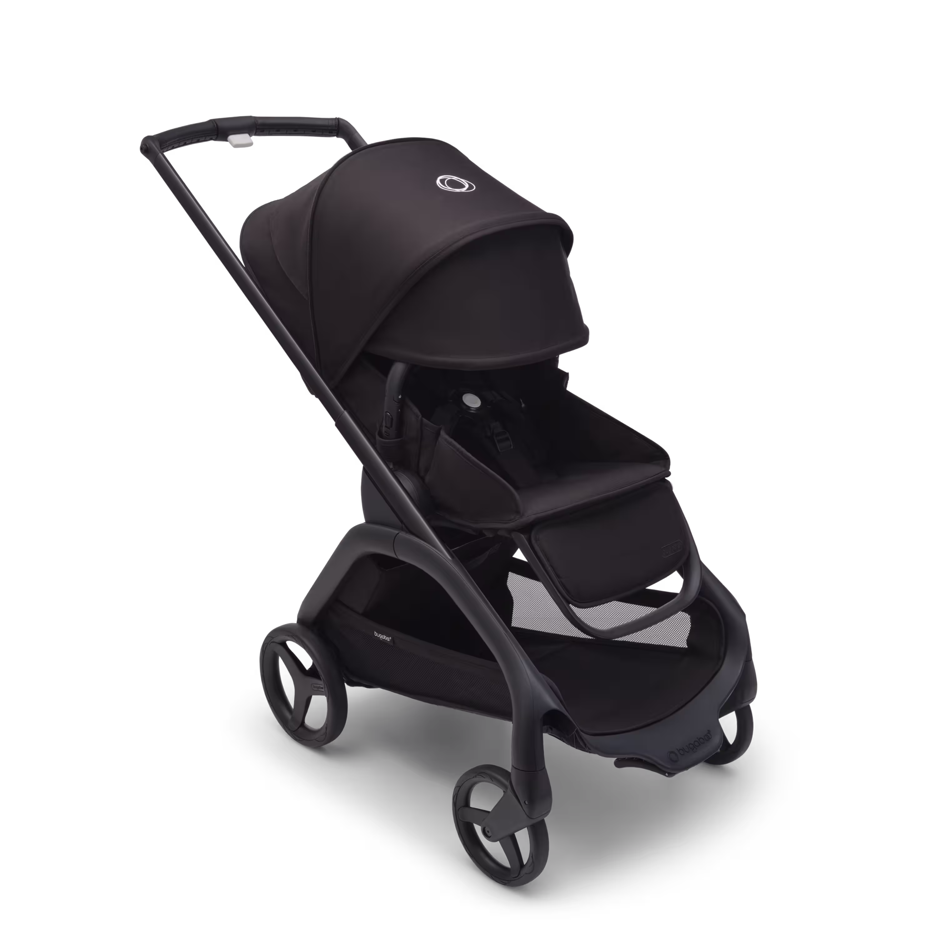 Bugaboo Dragonfly seat stroller with black chassis, midnight black fabrics and midnight black sun canopy. The sun canopy is fully extended. - Main Modal Image Slide 3 of 16