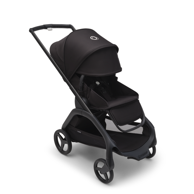 Bugaboo Dragonfly seat stroller with black chassis, midnight black fabrics and midnight black sun canopy. The sun canopy is fully extended.